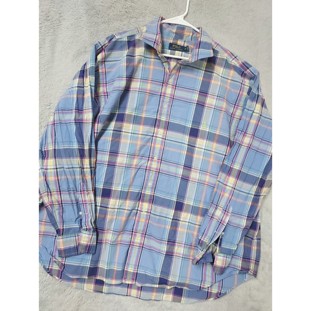 Polo Ralph Lauren Shirt Mens 3XB Big Plaid Long Sleeve Button Down Oxford Starch